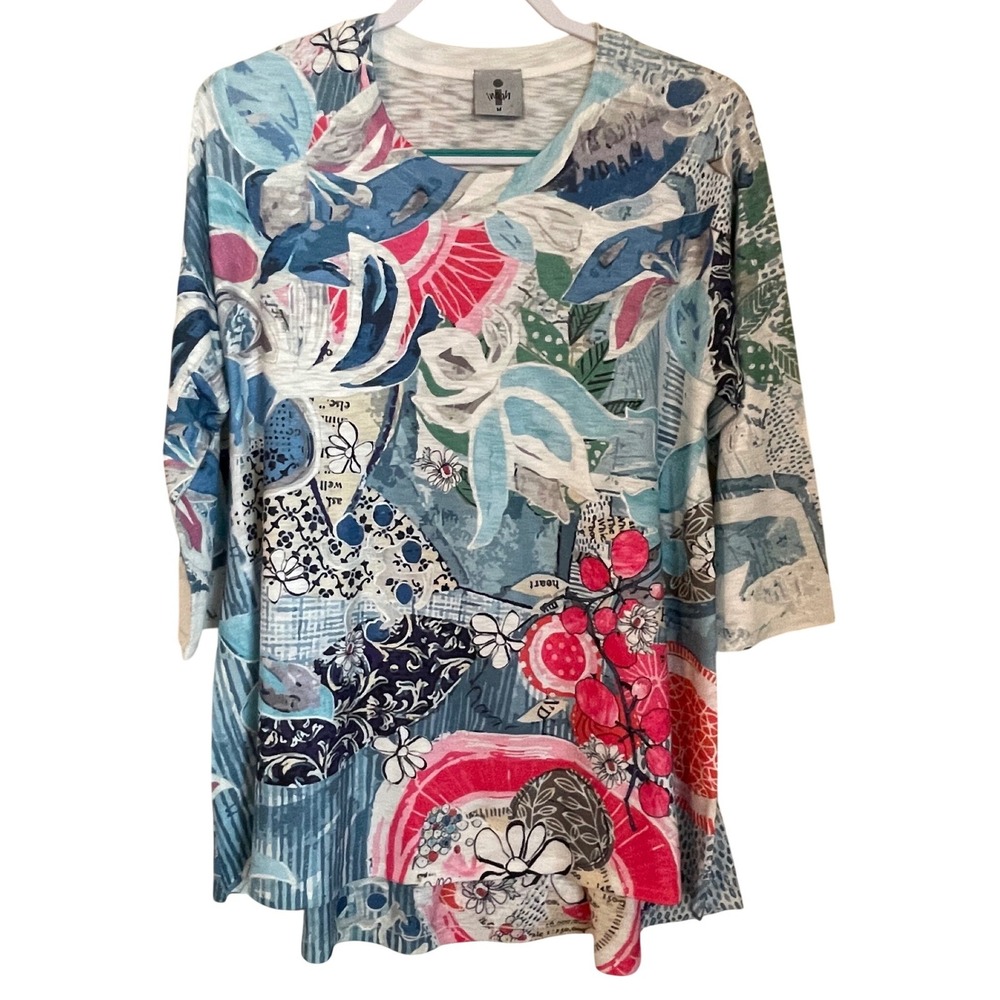 Inoah Womens Size M Abstract Floral 3/4 Sleeve Knit Tunic Top Art to Wear Artsy